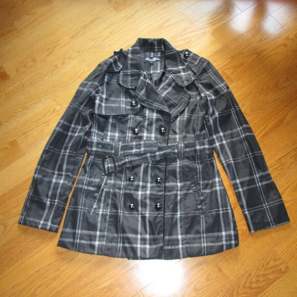 Women's Black Plaid 100% Polyester Belted Trench Coat Size Small - Picture 1 of 5